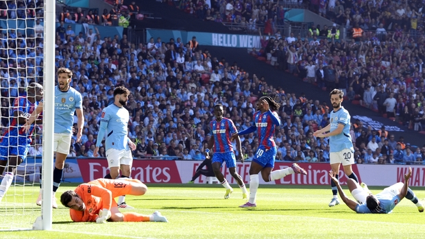 Eberechi Eze (centre) was on target as Crystal Palace won the FA Cup (Nick Potts/PA)