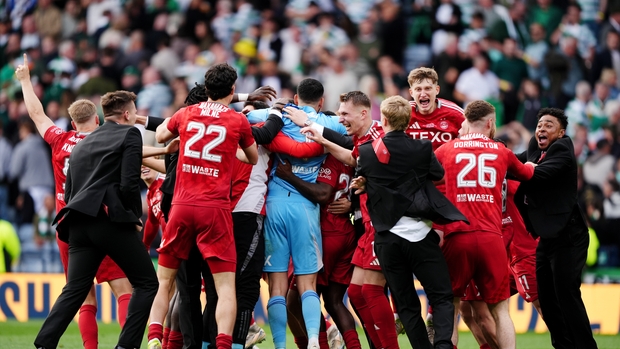 Aberdeen players mob goalkeeper Dimitar Mitov (Andrew Milligan/PA)